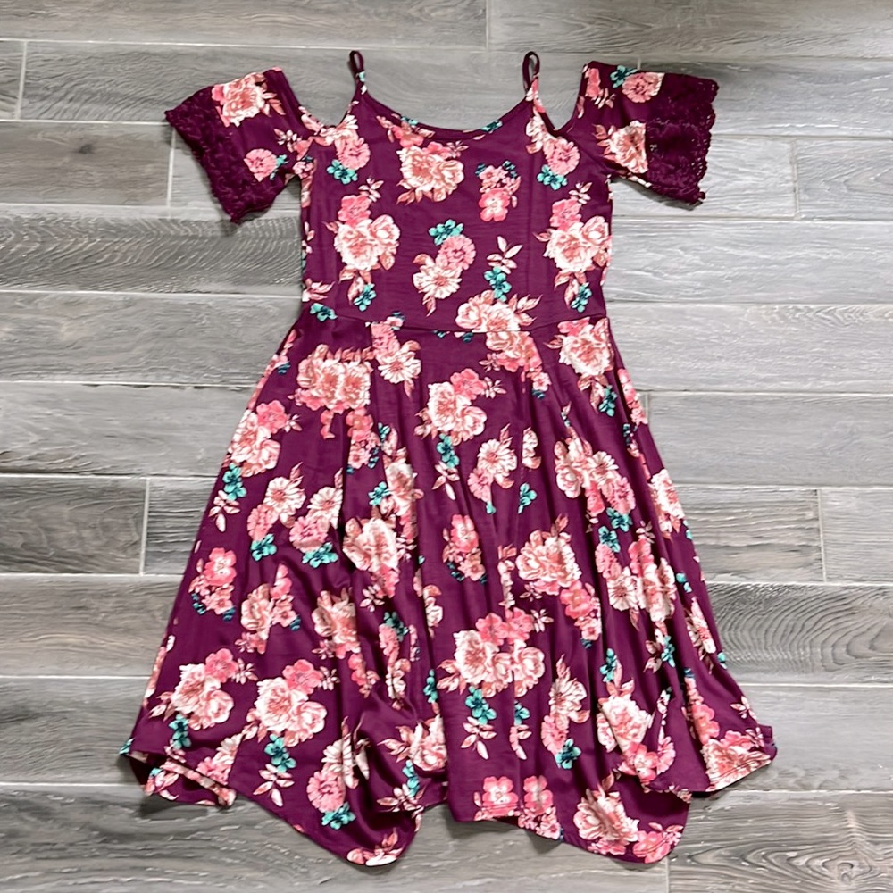 Burgundy with pink/peach floral cold shoulder midi-dress. Size 10/12 cute!